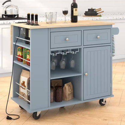 Rolling Black Drop Leaf Rubber Wood Tabletop 40 In. Kitchen Island with Power Outlet, Wine Rack and Adjustable Shelves