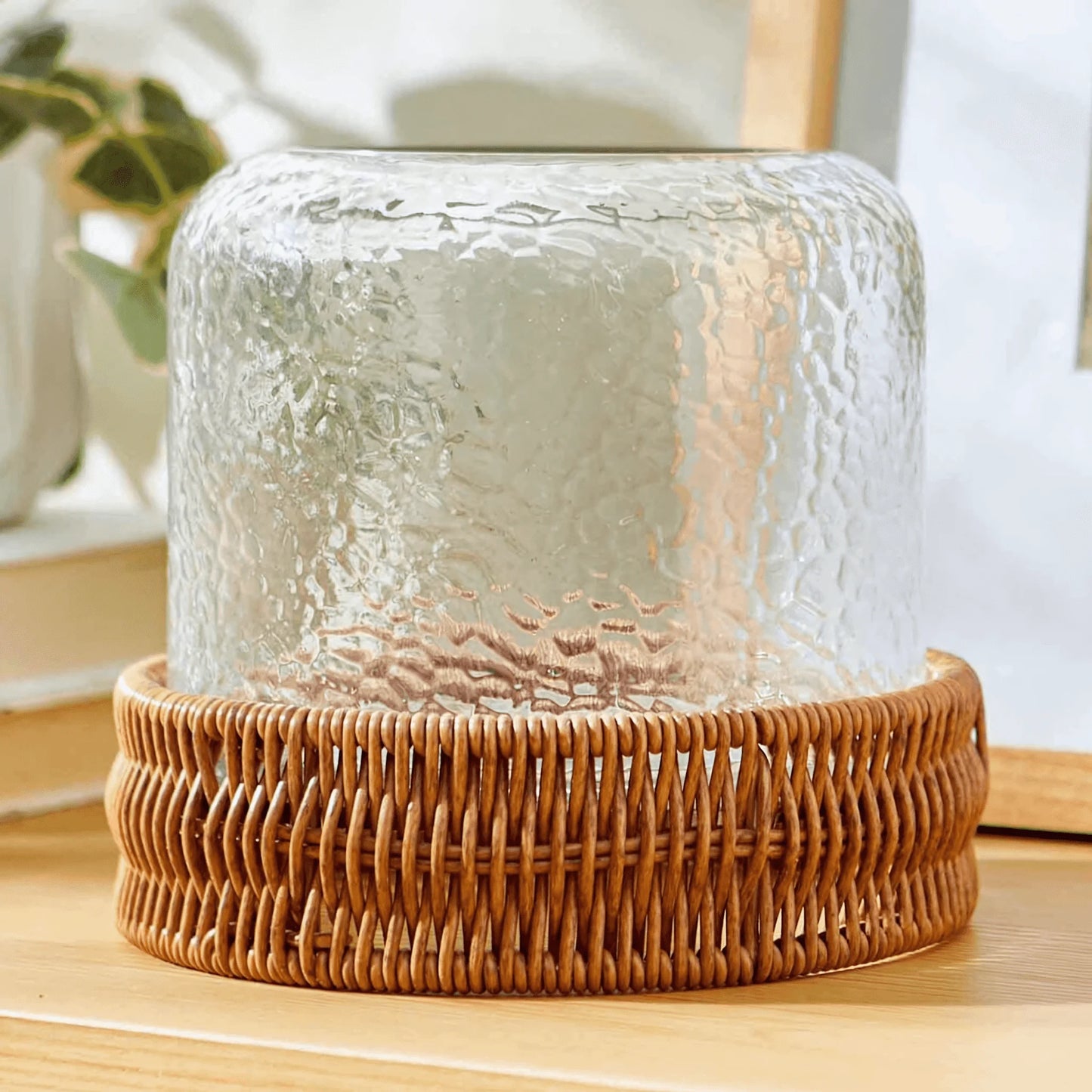 (2 Pack)  7" Decorative Clear Hammered Glass Hurricane Pillar Candle Holder with Brown Woven Base