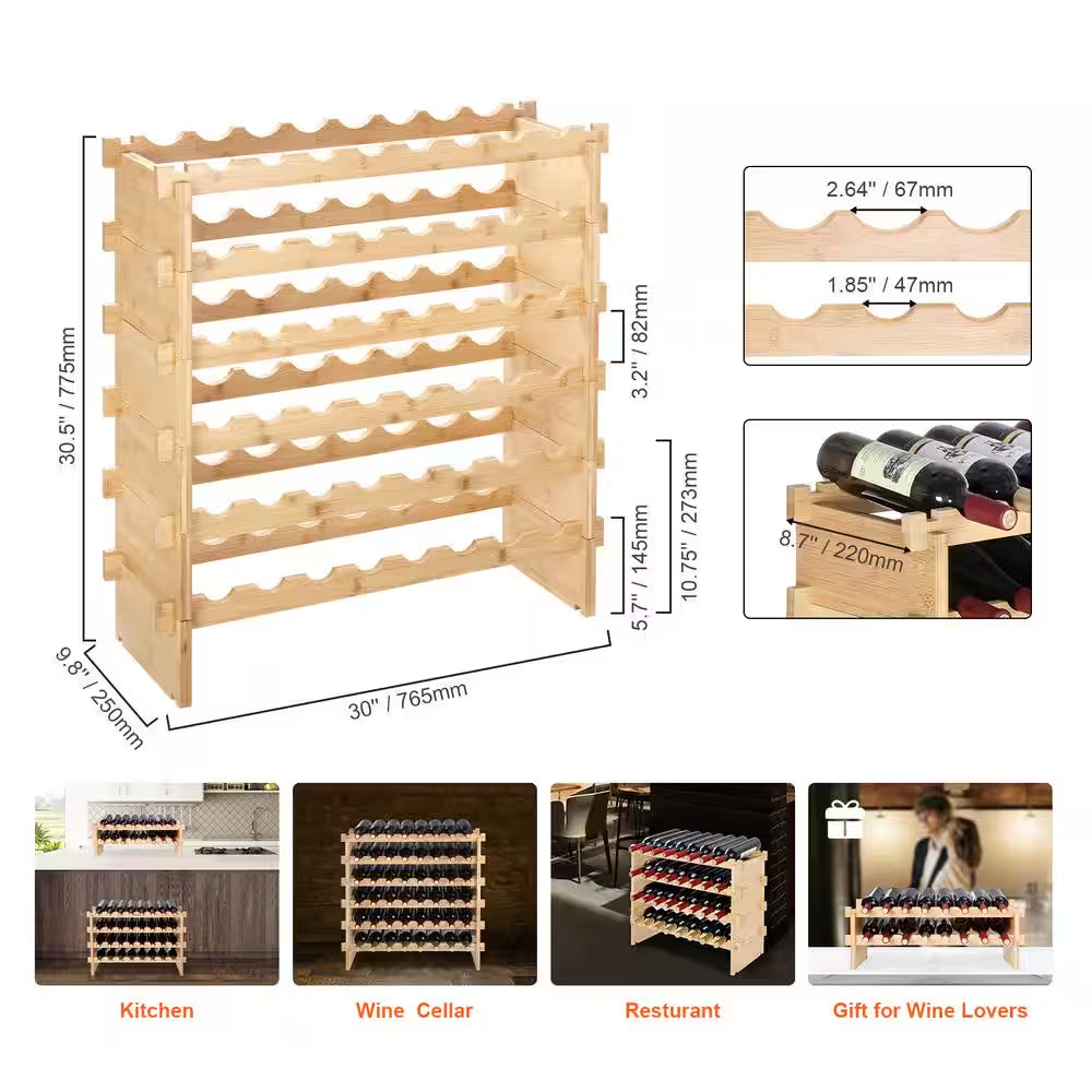 48-Bottle Stackable 6-Tier Bamboo Wine Rack, Freestanding for Kitchen, Bar, Cellar(Natural Color)