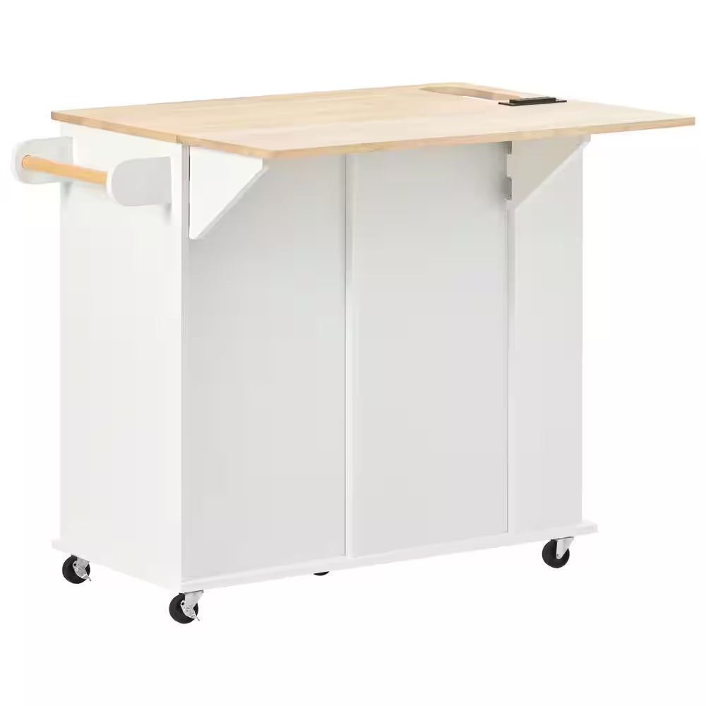 White Rubberwood Tabletop Drop Leaf 39.8 In. Kitchen Island Cart with Power Outlet Open Storage and Wine Rack