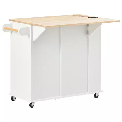 White Rubberwood Tabletop Drop Leaf 39.8 In. Kitchen Island Cart with Power Outlet Open Storage and Wine Rack