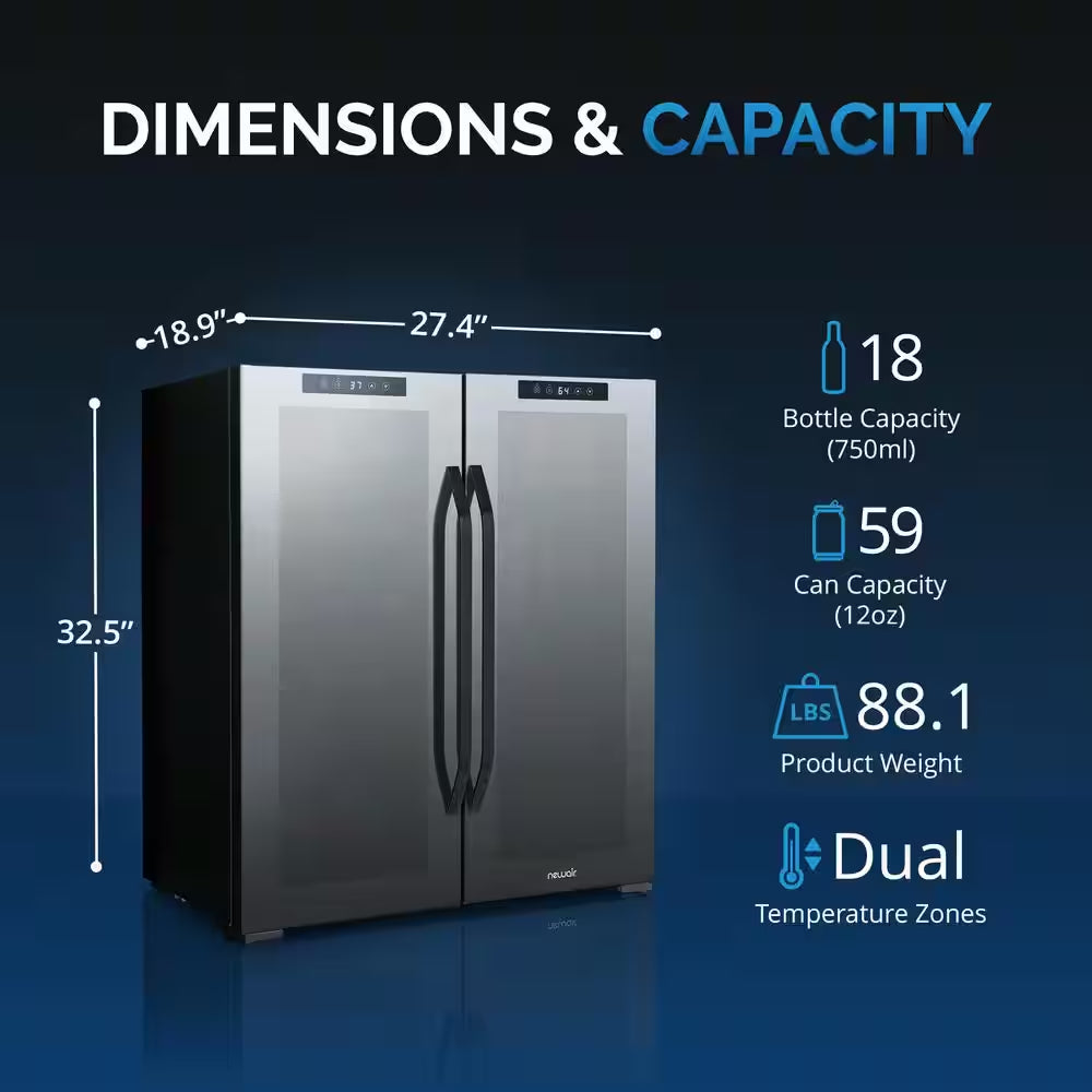 Shadow Series 28 In. Dual Zone 18 Wine Bottles and 59 Cans Beverage & Wine Cooler Fridge in Black with Mirrored Glass