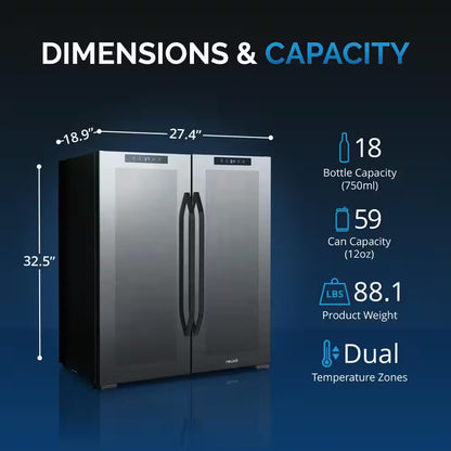 Shadow Series 28 In. Dual Zone 18 Wine Bottles and 59 Cans Beverage & Wine Cooler Fridge in Black with Mirrored Glass