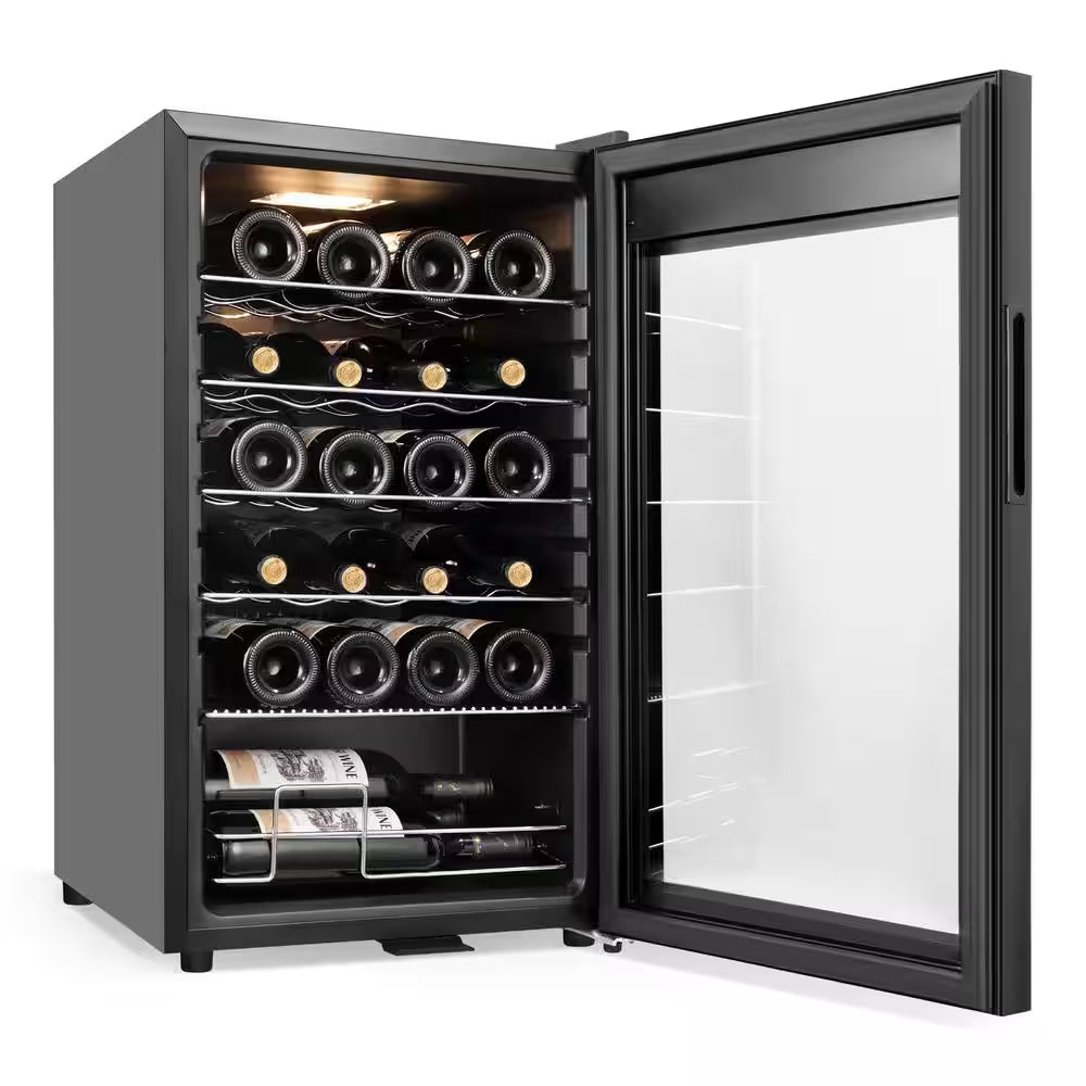 17 In. Wine Cooler 24 Bottle Freestanding Wine Refrigerator with Door Lock, Black