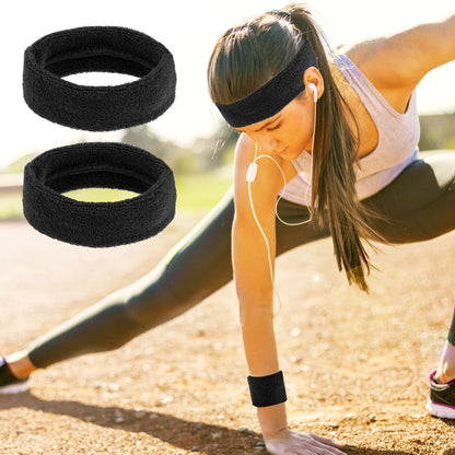 3 Pcs Sport Headband Wristband Stretchy Cotton Blend Sweat Absorbing Black