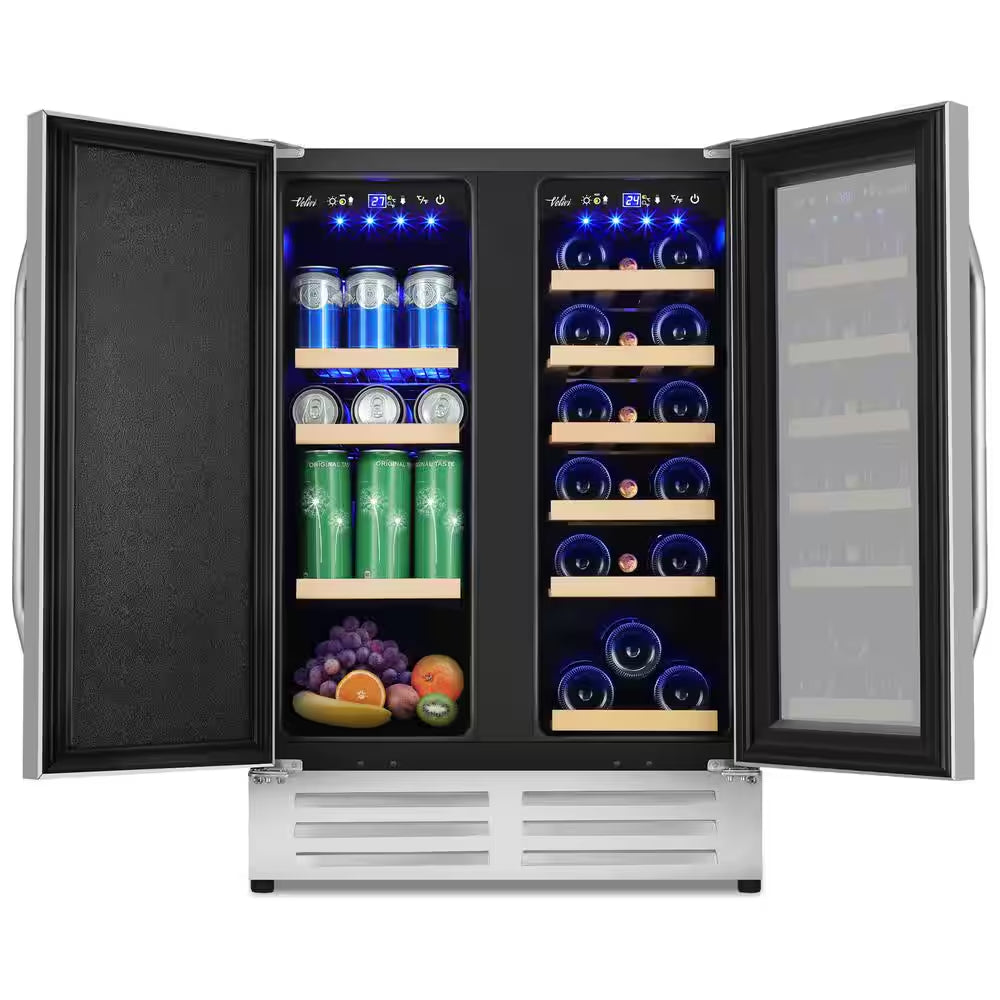 24 In.Dual Zone 20-Wine Bottles and 88-Can Built-In and Freestanding with French Door Beverage Cooler in Stainless Steel