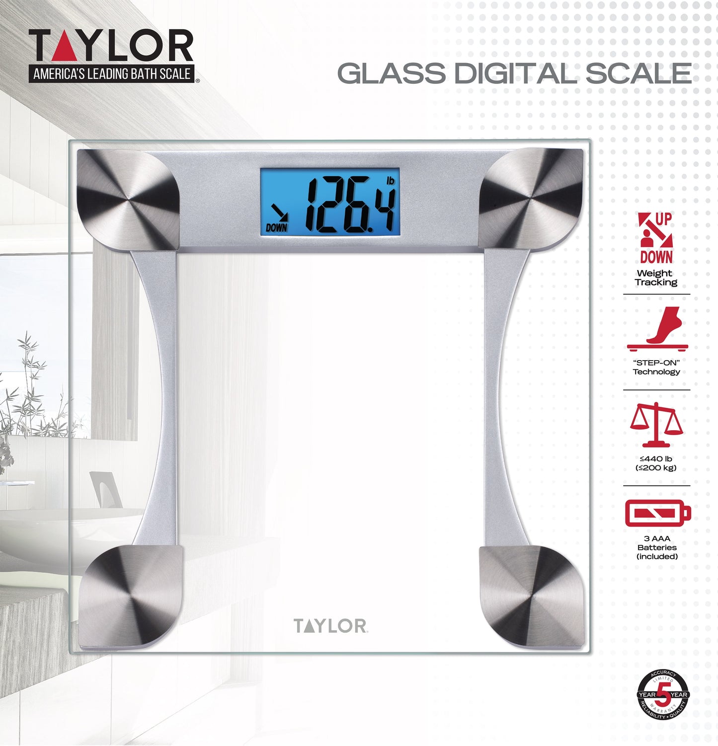 Taylor 12.2" X 12.2" Weight Tracking Glass Body Weight Scale Battery Powered, FSA HSA Eligible, 440 Lb Capacity, Clear