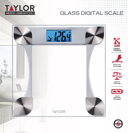 Taylor 12.2" X 12.2" Weight Tracking Glass Body Weight Scale Battery Powered, FSA HSA Eligible, 440 Lb Capacity, Clear