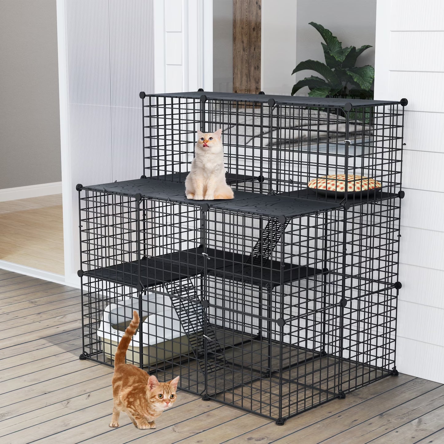 3 Tier Cat Cage,Indoor DIY Pets Playpen Cat Kennel,Cat Enclosure Metal Cat Kennels for 1-3 Cats, DIY Detachable Pet Playpen, 41"L X 28"W X 41"H,Black