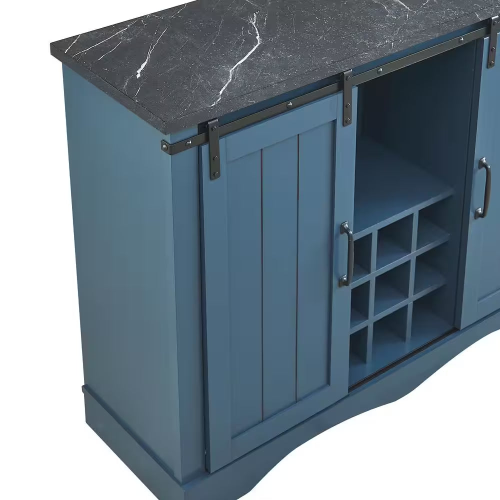 47 In. Navy Blue Wood Buffet Bar Cabinet with Barn Door with Marbling Pattern Countertop