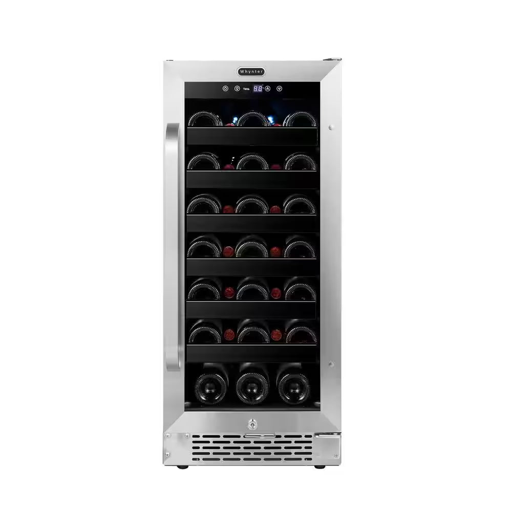 12 In. 20-Bottle Wine Cooler Fridge Built-In, Freestanding, or Undercounter Stainless Steel Glass Door Carbon Filter