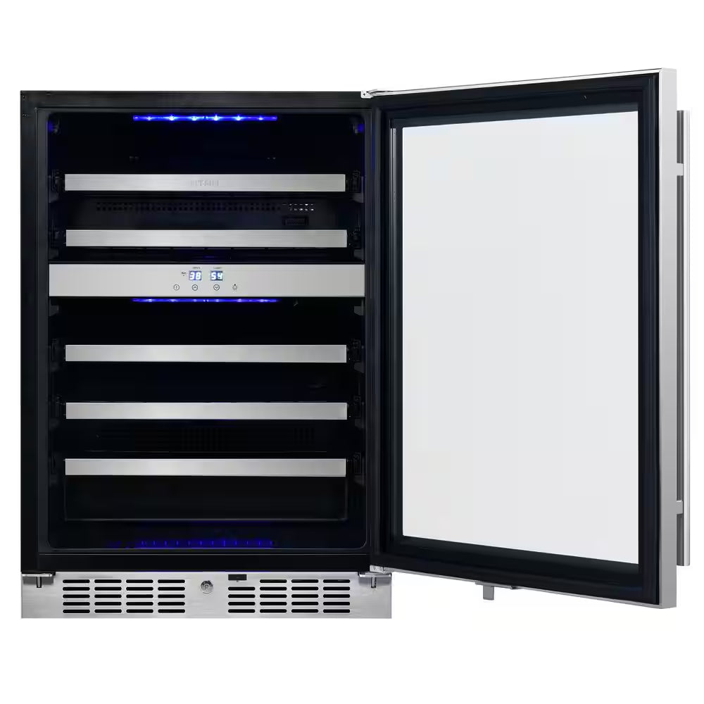 Transcend 24 In. 46-Bottle Seamless Stainless Steel Single Door Dual Zone Built-In Wine Cooler