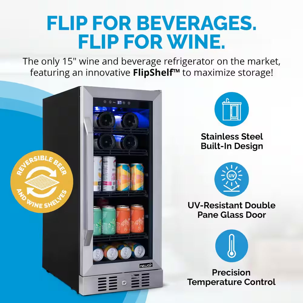 15 In. Flipshelf 33 Wine Bottles & 80 Cans Built-In Beverage and Wine Cooler in Stainless Steel with Reversible Shelves