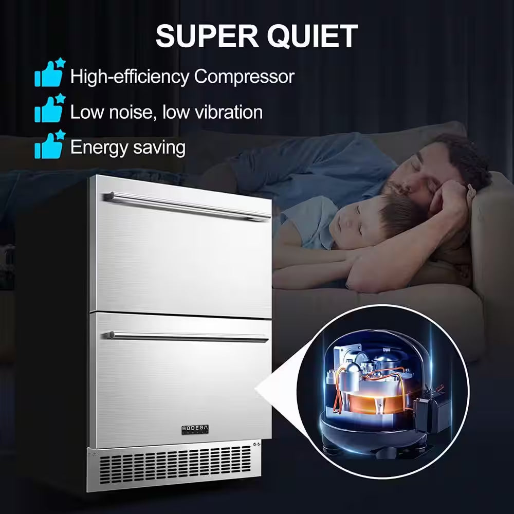 24 In. Single Zone 149 Cans Beverage & Wine Cooler with Double Drawer in Stainless Steel for Outdoor & Indoor Use