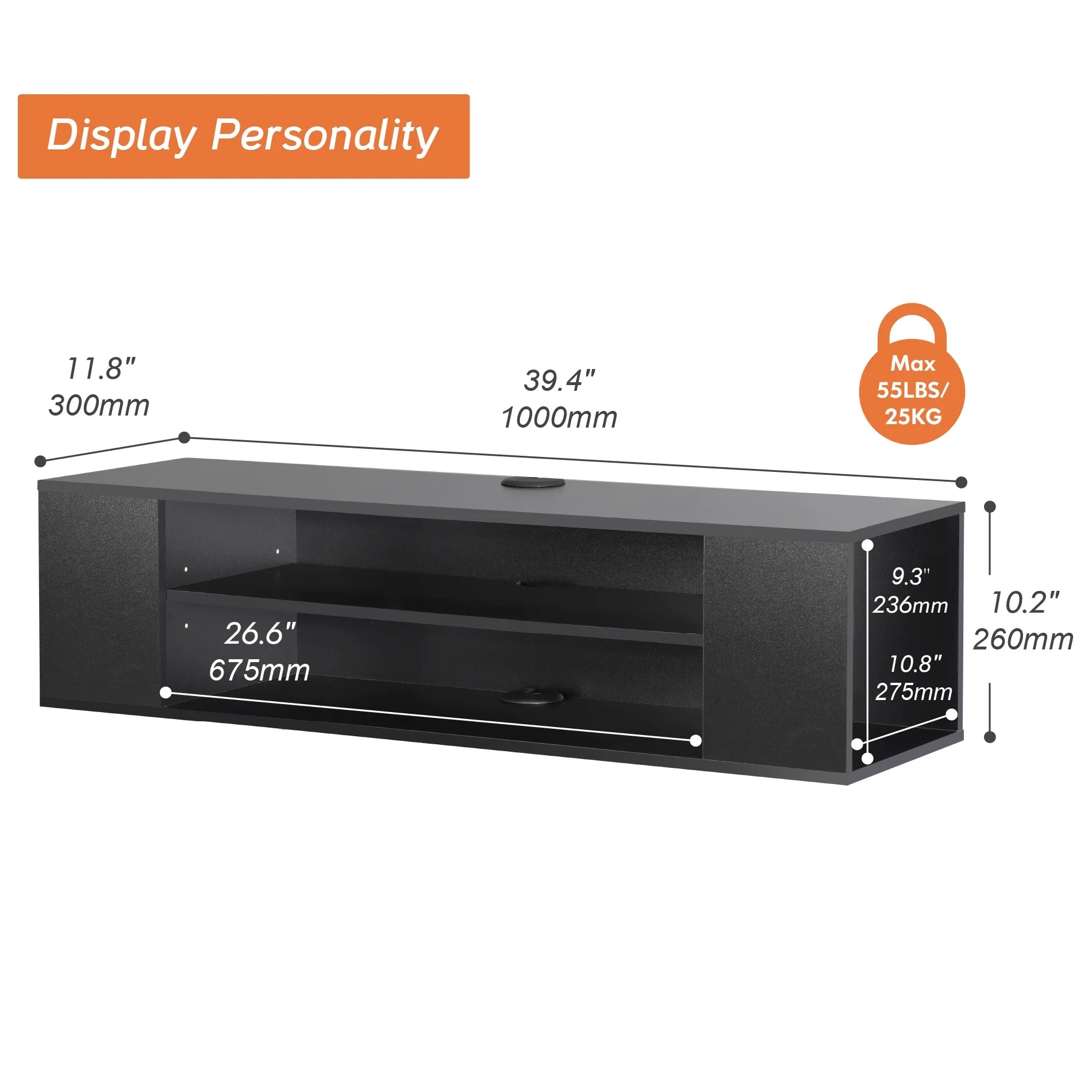 Yellow Light Floating TV Stand with Adjustable Shelves for Living Room Bedroom, Black, 39.4 Inch