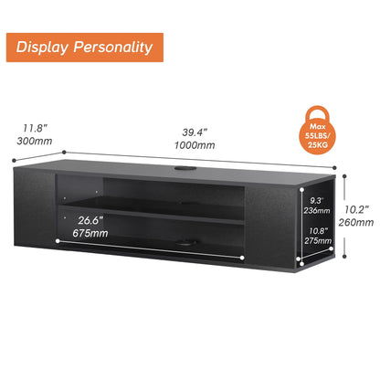 Yellow Light Floating TV Stand with Adjustable Shelves for Living Room Bedroom, Black, 39.4 Inch