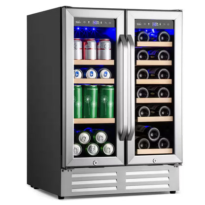 24 In.Dual Zone 18-Wine Bottles and 88-Can Built-In and Freestanding with French Door Beverage Cooler in Stainless Steel
