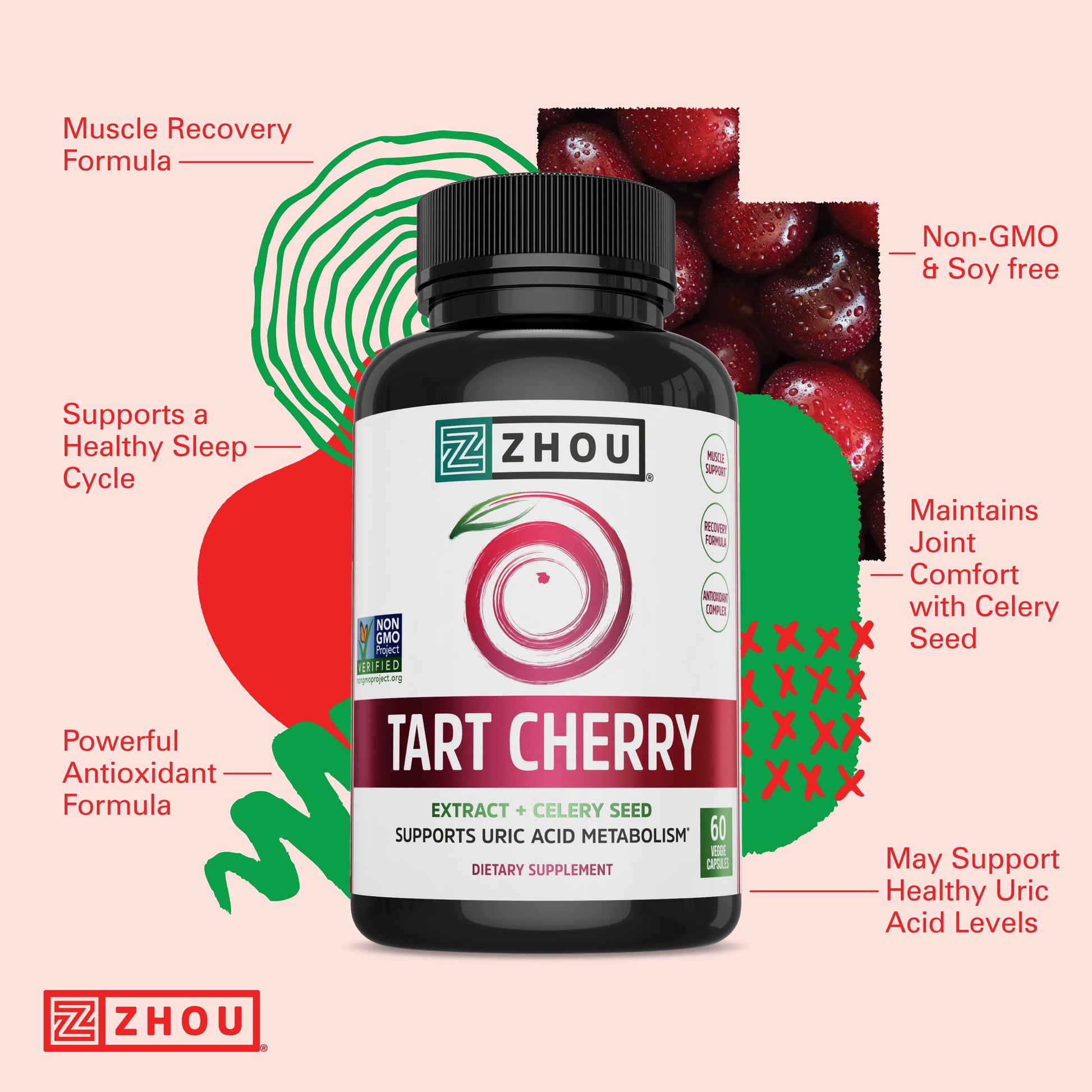 Zhou Tart Cherry Extract with Celery Seed | Advanced Uric Acid Cleanse for Joint Comfort, Healthy Sleep Cycles & Muscle Recovery | 30 Servings, 60 Veggie Caps