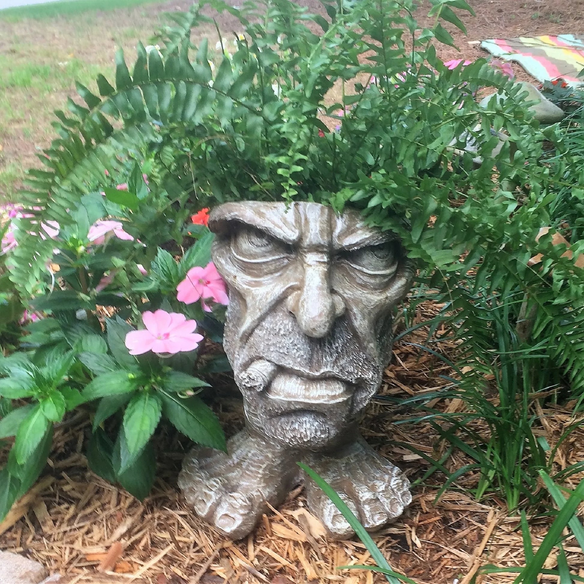 Stone Wash 13 In. Uncle Carmine the Muggly Face Humorous Statue Planter Holds 5 In. Pot