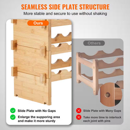 36-Bottle Stackable Wine Rack, 4-Tier Bamboo Storage Display Shelf, Wobble-Free Wine Holder for Kitchen, Bar, and Cellar