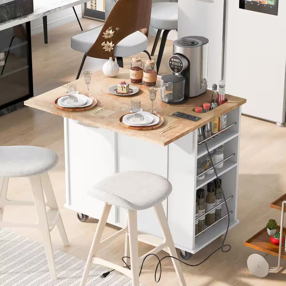 White Rubberwood Tabletop Drop Leaf 39.8 In. Kitchen Island Cart with Power Outlet Open Storage and Wine Rack
