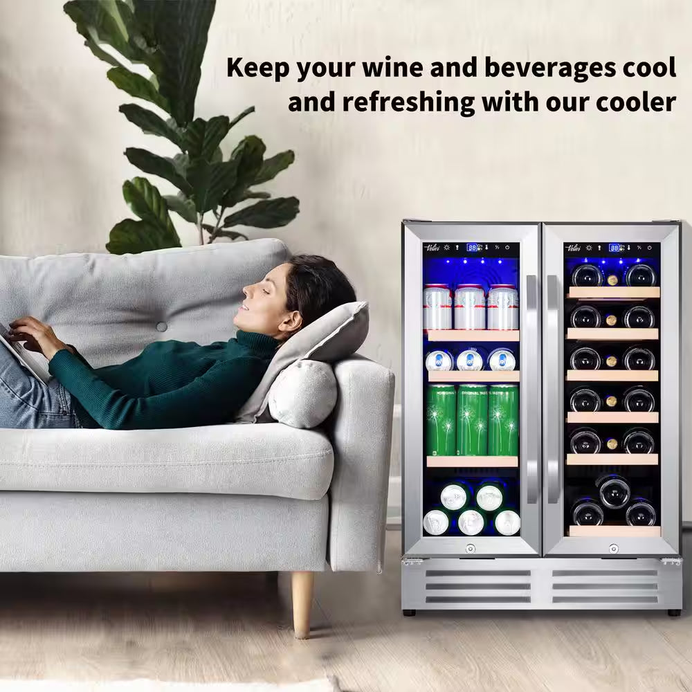 24 In.Dual Zone 18-Wine Bottles and 88-Can Built-In and Freestanding with French Door Beverage Cooler in Stainless Steel