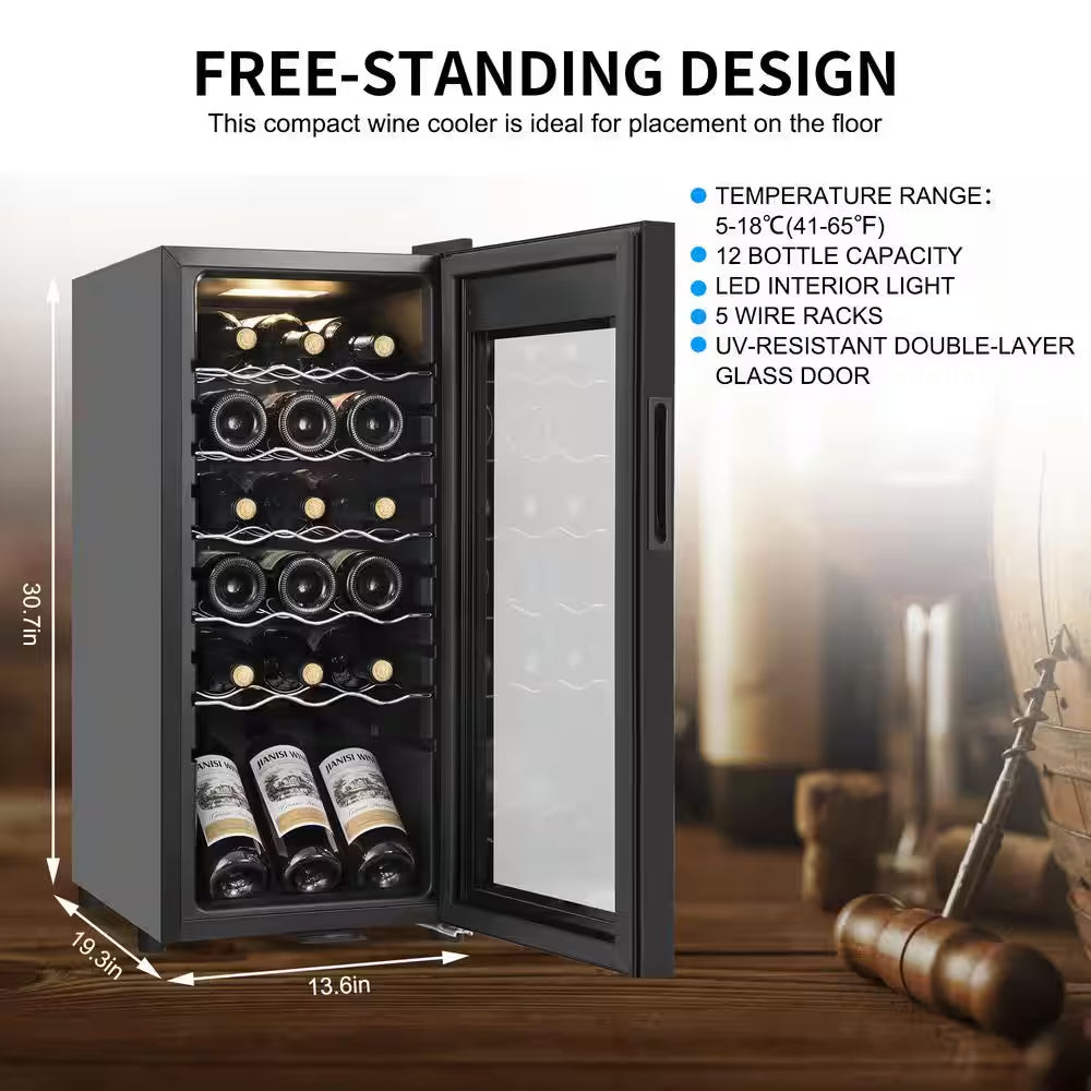 13.6 In. Black Freestanding Beverage Center 18-Bottle Wine Cooler with Adjustable Stainless Steel Wire Shelves