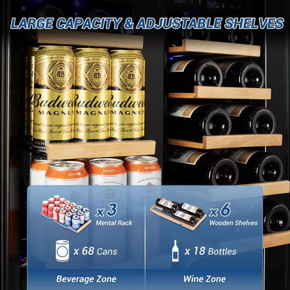 23.42 In. Dual Zone 18-Wine Bottles and 68-Cans Beverage and Wine Cooler in Black