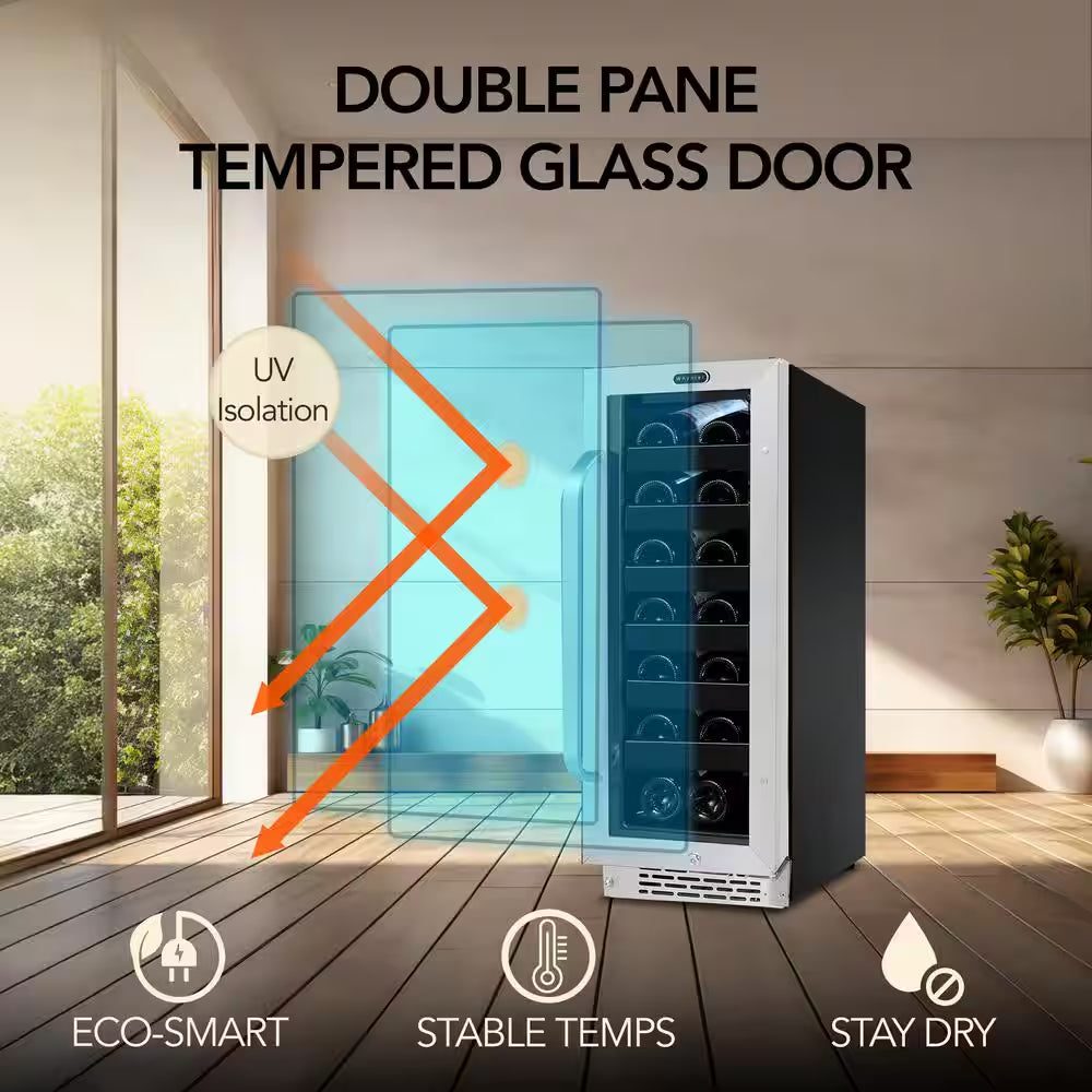12 In. 20-Bottle Wine Cooler Fridge Built-In, Freestanding, or Undercounter Stainless Steel Glass Door Carbon Filter