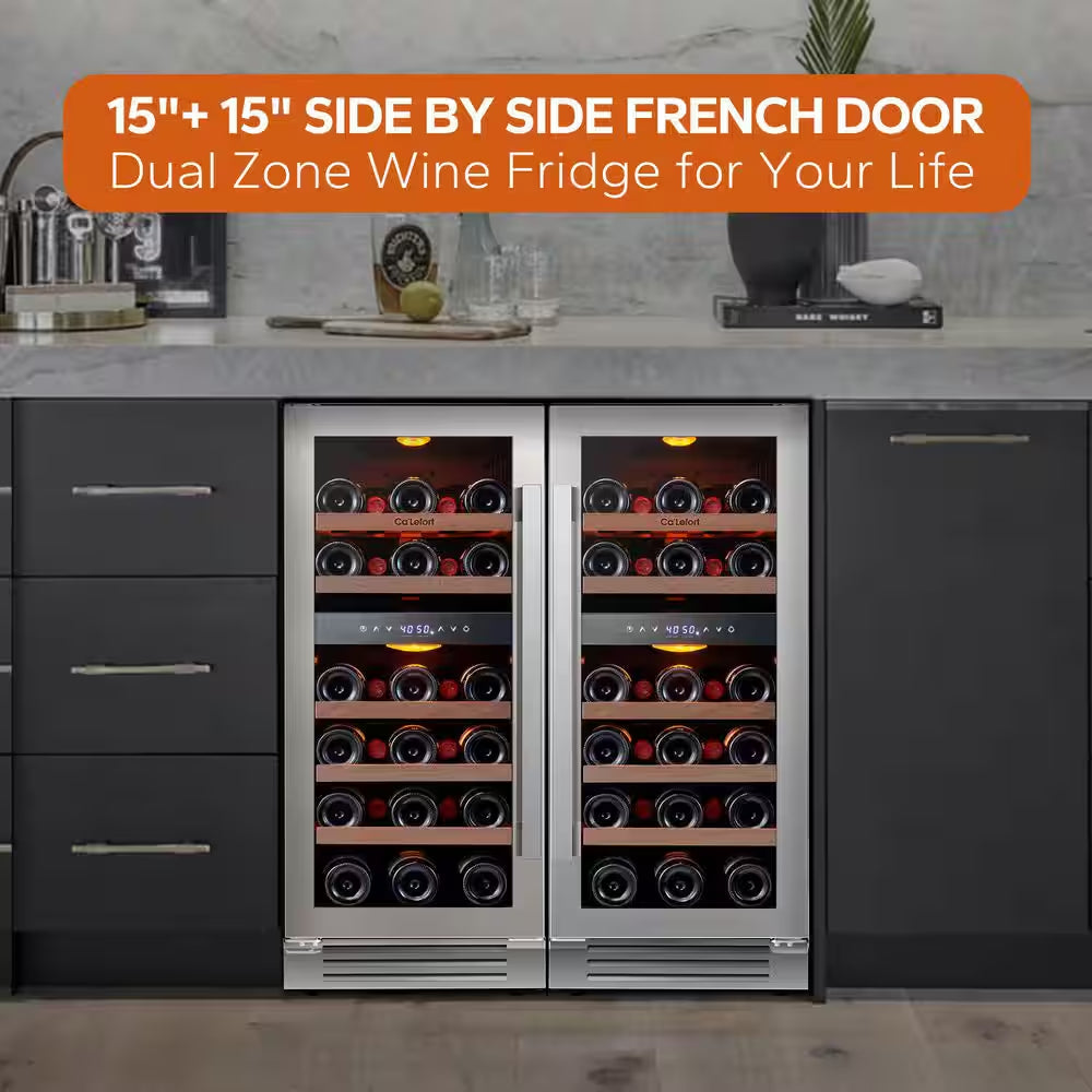 30 In. Quad Zone Cellar Cooling Unit 56-Bottles Built- in Wine Cooler Side-By-Side Refrigerators Frost Free in Black