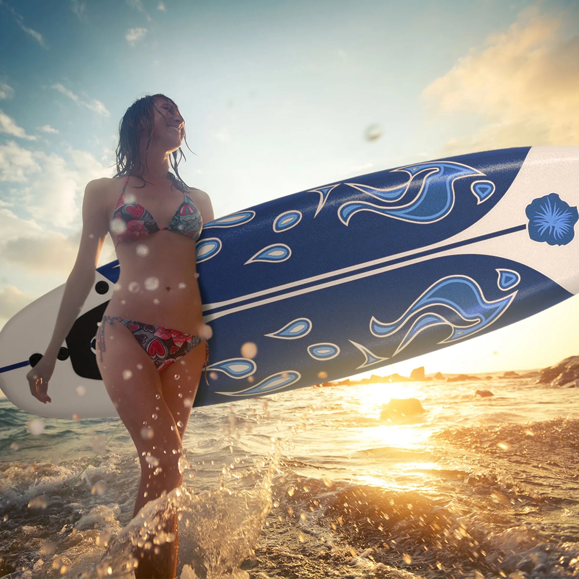 Surfing Body Board 6Ft W/ 3 Removable Fins Safety Leash White