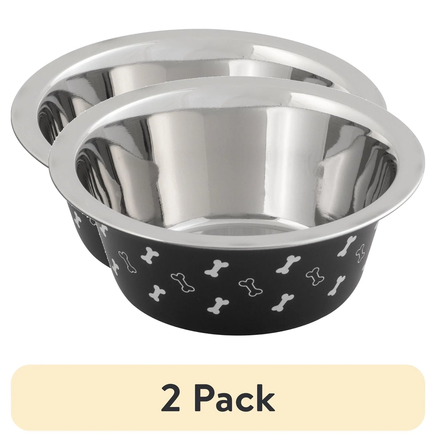 (2 Pack)  Medium Stainless Steel Dog Bowl, Black with Bones, 25.75 Fluid Ounces