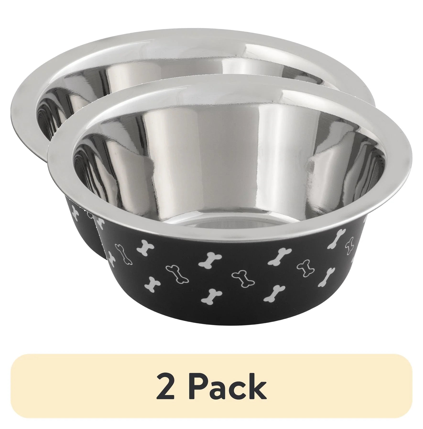 (2 Pack)  Medium Stainless Steel Dog Bowl, Black with Bones, 25.75 Fluid Ounces