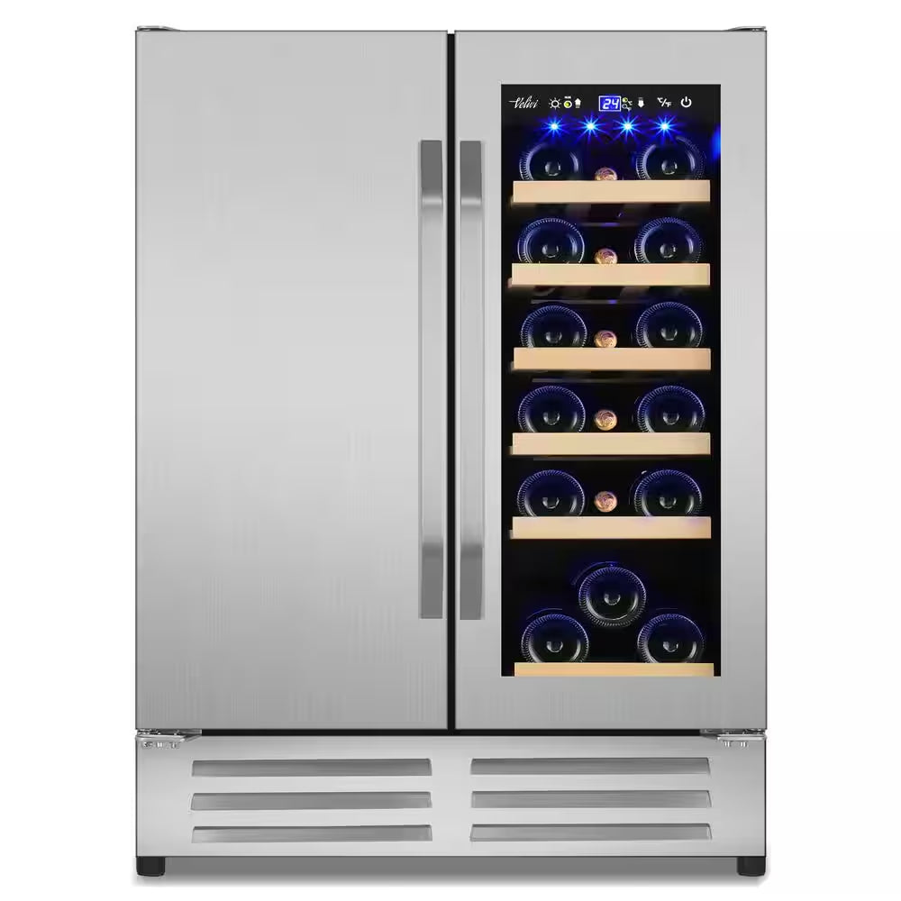 24 In.Dual Zone 20-Wine Bottles and 88-Can Built-In and Freestanding with French Door Beverage Cooler in Stainless Steel