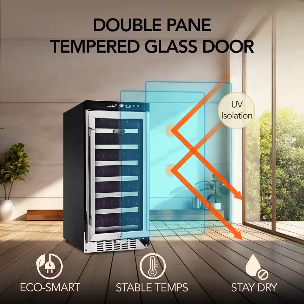 15 In. Single Zone 33 Bottles Undercounter Built-In Wine Cooler Refrigerator W/ Lock Stainless Steel LED