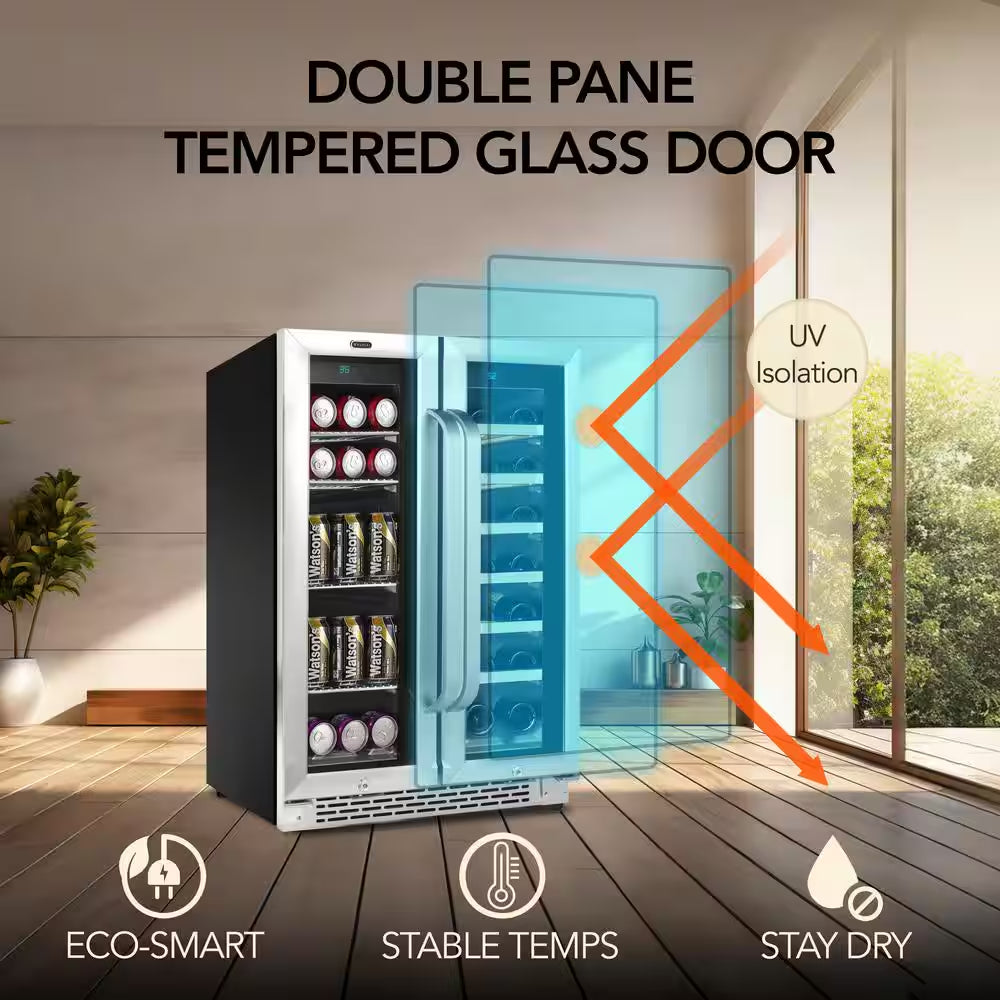 24 In. Dual Zone under Counter Wine and Beverage Cooler Fridge French Doors with Lock, Stainless Steel UV Protection