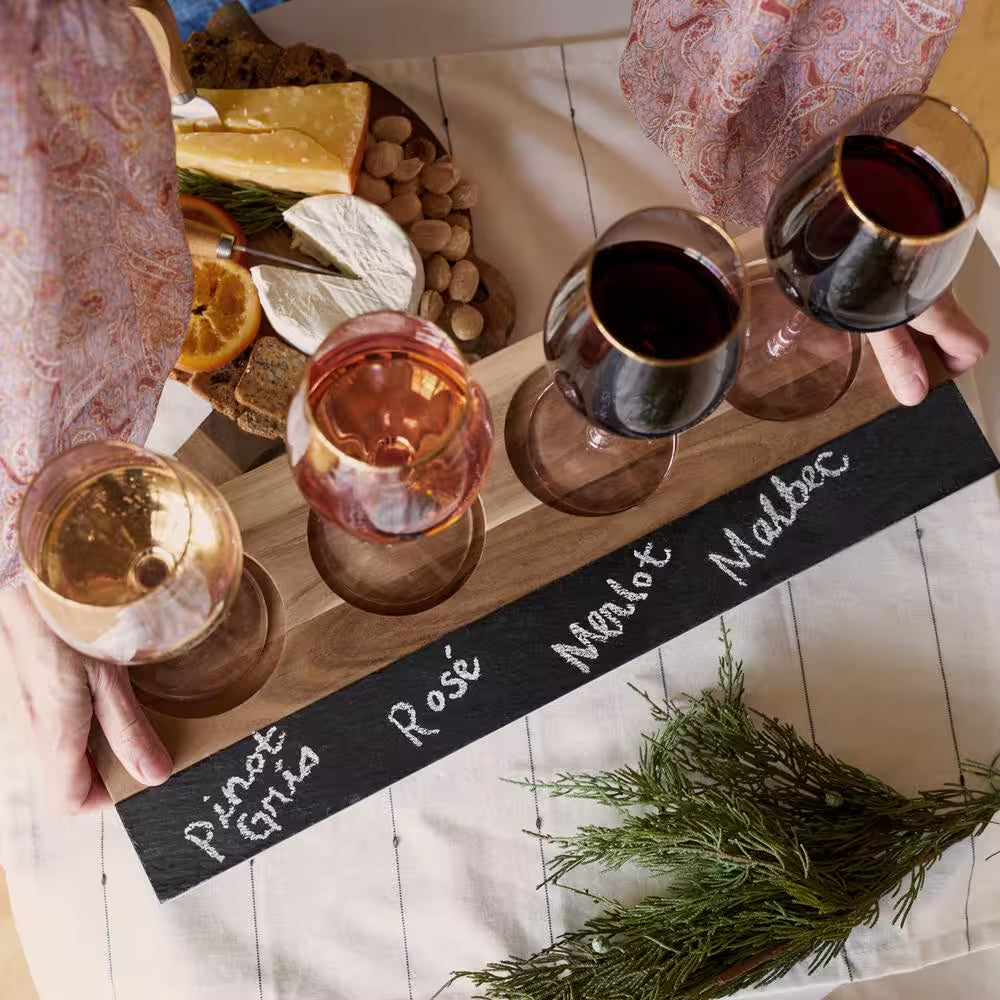 Wine Flight Set, Wine Tasting Board with Slate Chalkboard, 2-Pieces of Soapstone Chalk, and Acacia Wood Serving Tray
