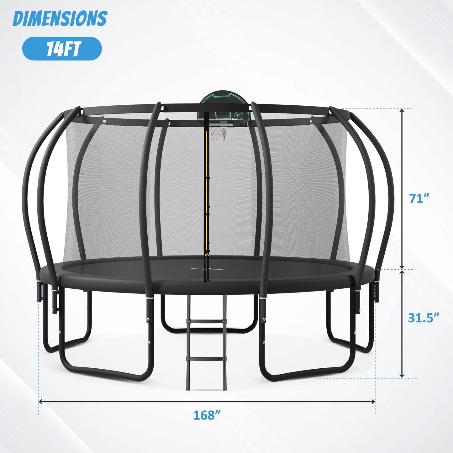 Trampoline 12FT 14FT 15FT 16FT Trampoline for Adults and Kids, 1500Lbs Outdoor round Trampoline with Enclosure Net with Basketball Hoop and Ladder