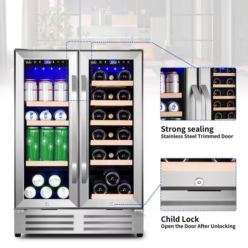 24 In.Dual Zone 18-Wine Bottles and 88-Can Built-In and Freestanding with French Door Beverage Cooler in Stainless Steel