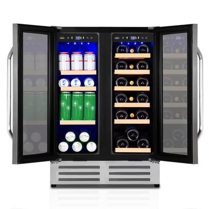 24 In.Dual Zone 18-Wine Bottles and 88-Can Built-In and Freestanding with French Door Beverage Cooler in Stainless Steel