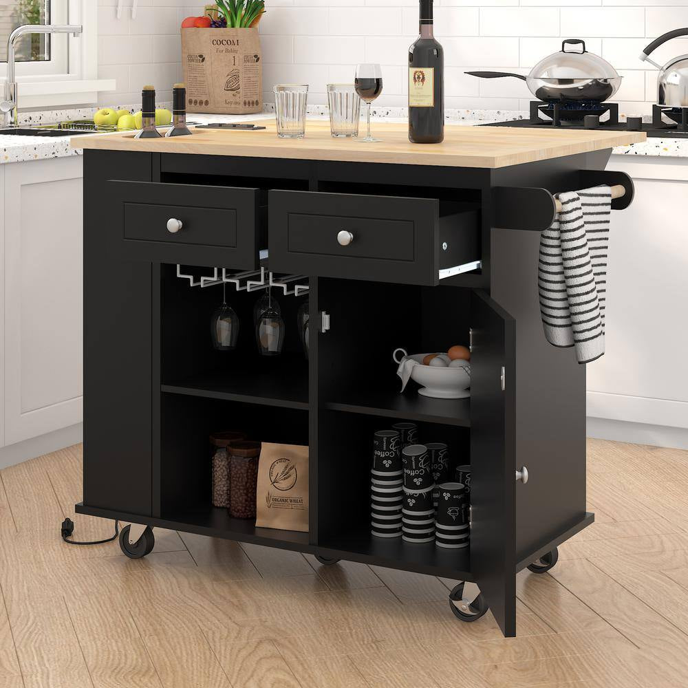 Rolling Black Drop Leaf Rubber Wood Tabletop 40 In. Kitchen Island with Power Outlet, Wine Rack and Adjustable Shelves