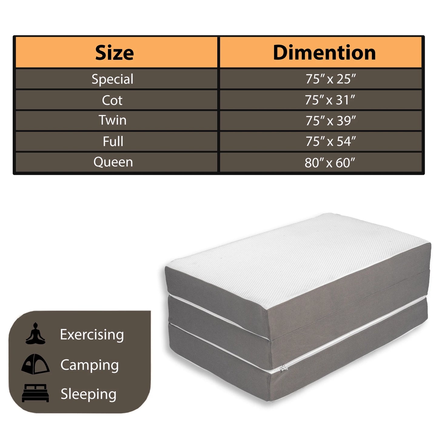 Sunset, 3” Trifold Memory Foam Mattress, 25-Inch, Non-Standard Size.