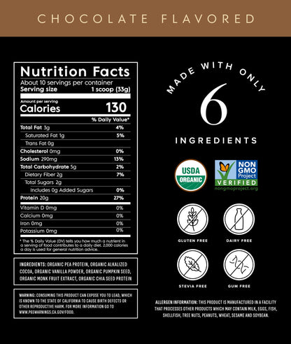 Vegan Pea Protein Powder | Chocolate | 20G Organic Plant Based Protein | 10 Servings | Keto | Gluten & Dairy Free | Low Carb | No Added Sugar