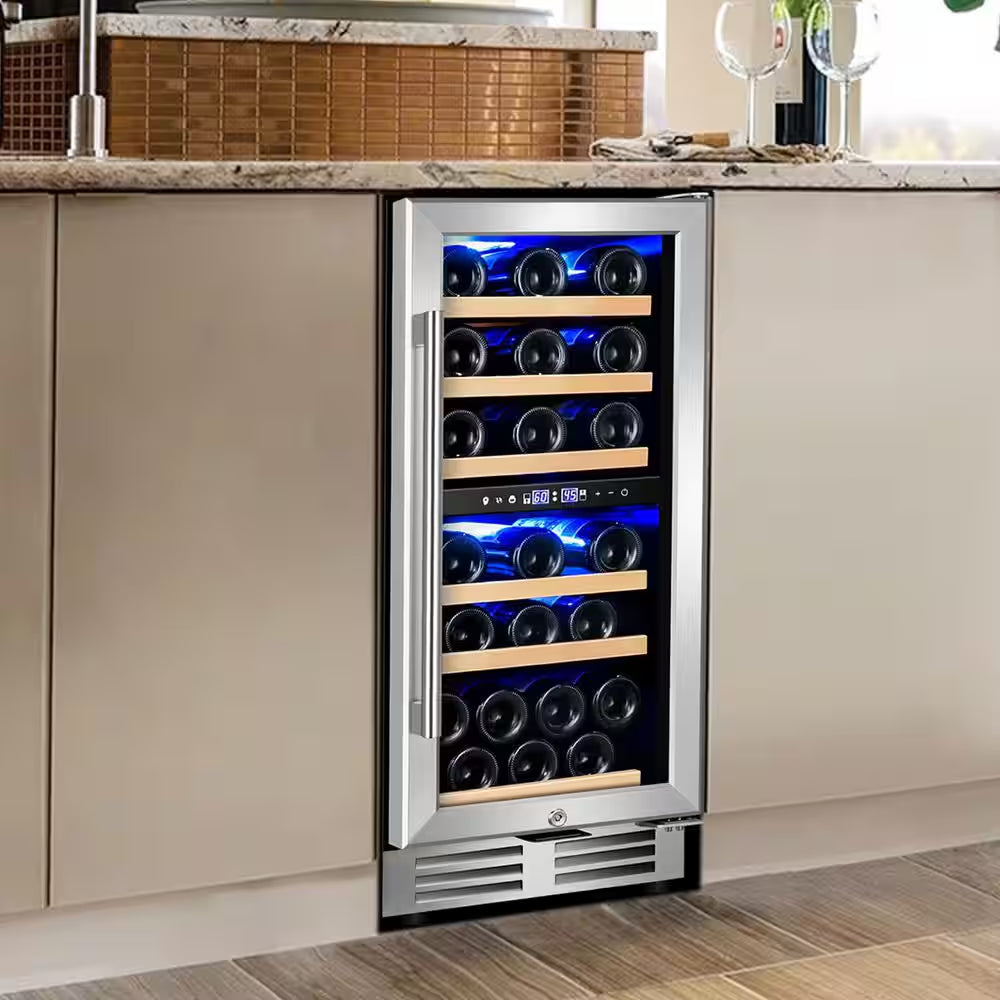 15" Dual Zone 30-Bottle Cellar Cooling Unit Built-In and Freestanding Wine Cooler in Blue LED 2 Handles Stainless Steel