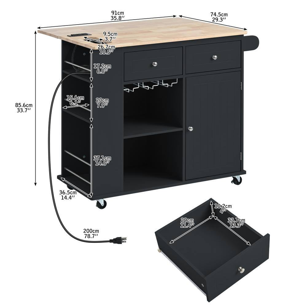 Rolling Black Drop Leaf Rubber Wood Tabletop 40 In. Kitchen Island with Power Outlet, Wine Rack and Adjustable Shelves