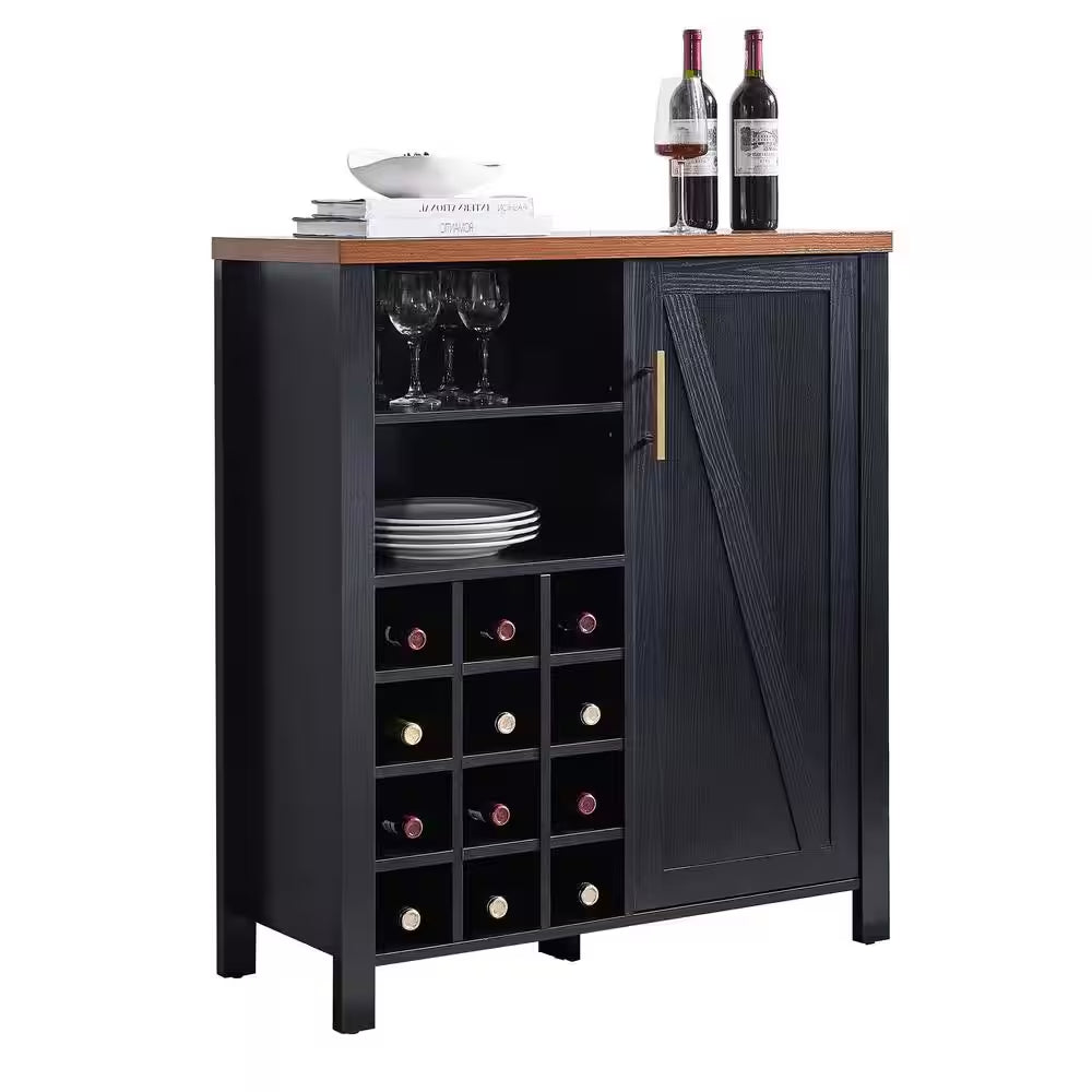 Signaturehome Marcy Black/Walnut Finish 41 In. H Wine Bar Storage Cabinet with 12 Bottle Capacity. (36Lx15Wx41H)