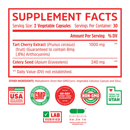 Zhou Tart Cherry Extract with Celery Seed | Advanced Uric Acid Cleanse for Joint Comfort, Healthy Sleep Cycles & Muscle Recovery | 30 Servings, 60 Veggie Caps
