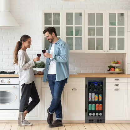 15 In. Flipshelf 33 Wine Bottles & 80 Cans Reversible Shelves Built-In Beverage and Wine Cooler in Black Stainless Steel