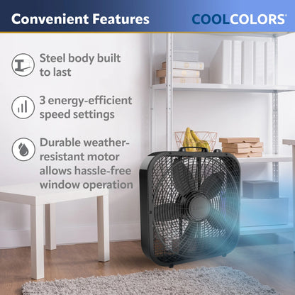 (3 Pack)  Cool Colors 20" 3-Speed Weather Resistant Box Fan, Black B20301, New
