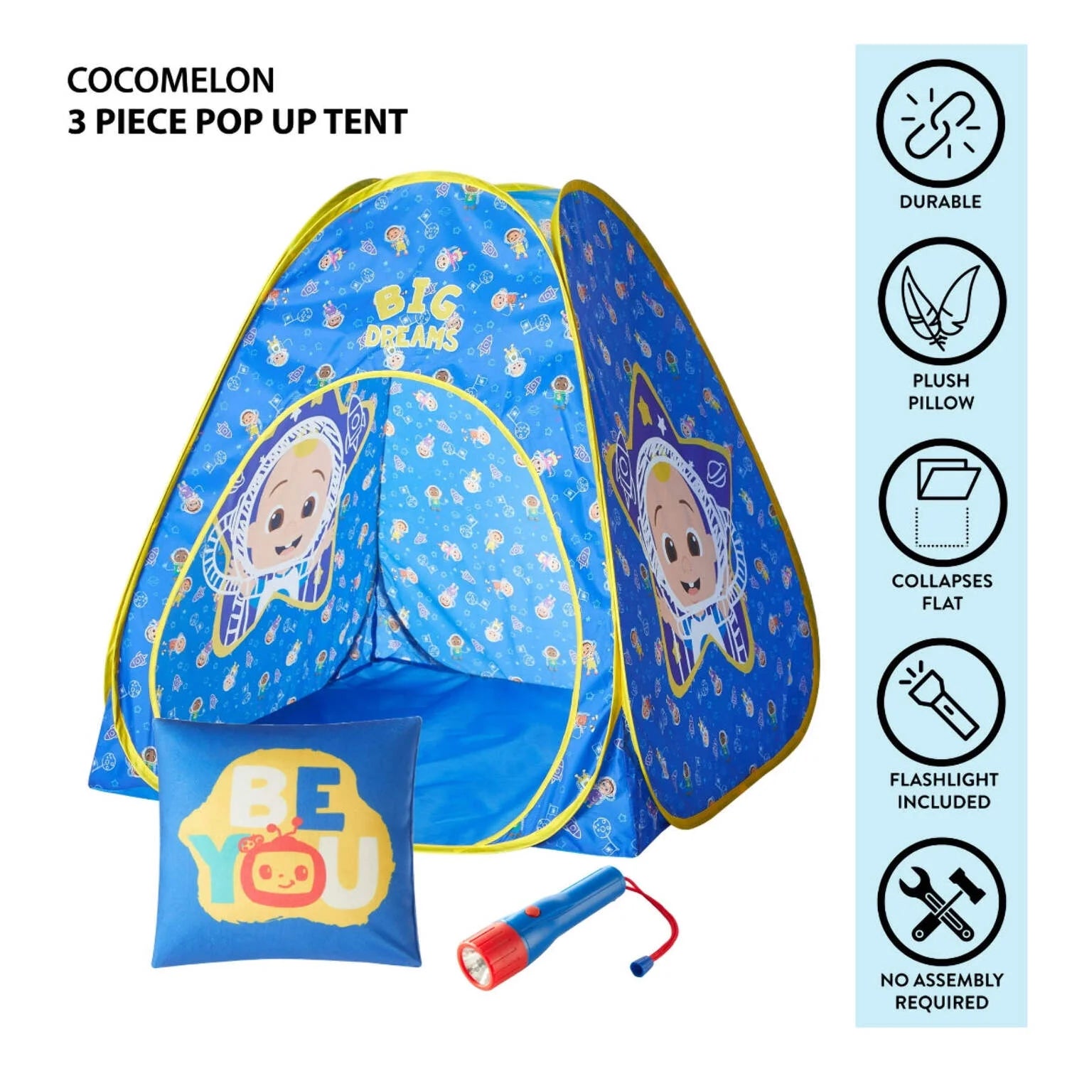 3Pc Tent Set with Pillow and Flashlight, Blue, Unisex, Toddler